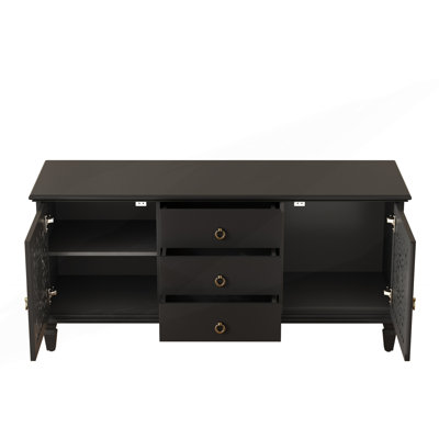 Meuble télé Farmhouse avec portes creuses sculptées, armoire de rangement Buffet rétro avec 3 tiroirs et tablettes