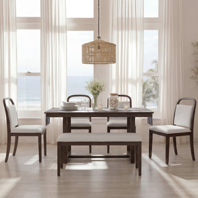 60'' 6-Piece Farmhouse Dining Table Set With Upholstered Chairs And Bench For Stylish Kitchen Meals