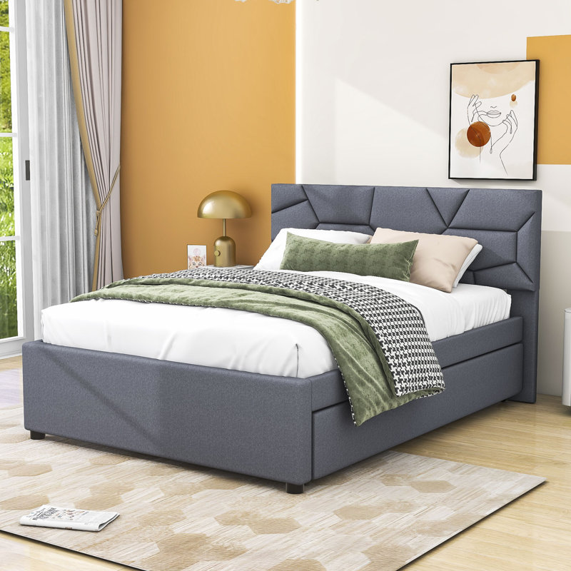 Lit plateforme tapissier avec lit gigogne et tête de lit, Double, gris