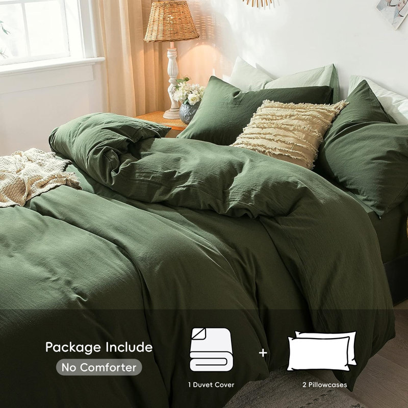 Olive Green Full Cotton Duvet Cover Set with Pillowcases