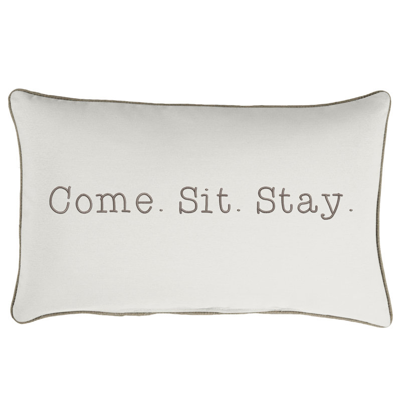 Sunbrella Indoor/Outdoor Lumbar Embroidered Pillow Come Sit Stay, Canvas Natural