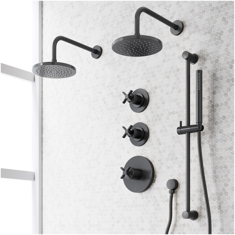 Vassor Thermostatic Shower System With Dual Showerheads, Slide Bar and Hand Shower - Matte Black, Matte Black