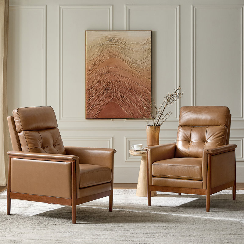 Outen Mid-Century Modern Genuine Leather Armchair with Solid Wood Armrests, Camel