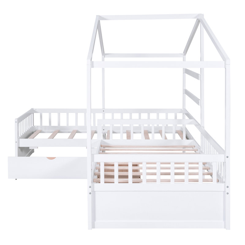 Lit plateforme House avec trois tiroirs de rangement, Blanc