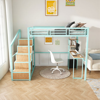 Loft Bed W/Desk & Storage - Heavy Metal Frame, 4 Cabinets, Staircase & Rack  Space-Saver For Kids/Teens  Desk W/USB & Outlet