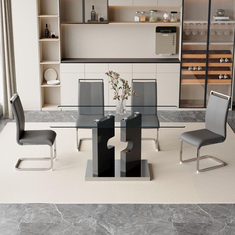 Ensemble de table de salle à manger 63 ", ensemble de table de salle à manger en verre avec pieds à structure ouverte et chaises en similicuir