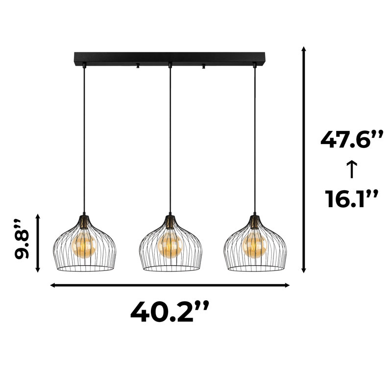 Luminaire suspendu pour îlot de cuisine 3 lumières à hauteur réglable en métal