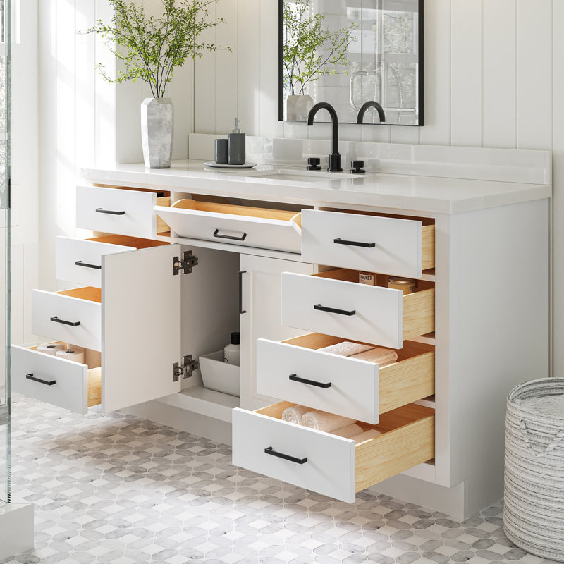 Meuble-lavabo simple en bois massif 66 po avec plateau en quartz blanc Thornaby, Forme rectangulaire, Blanc