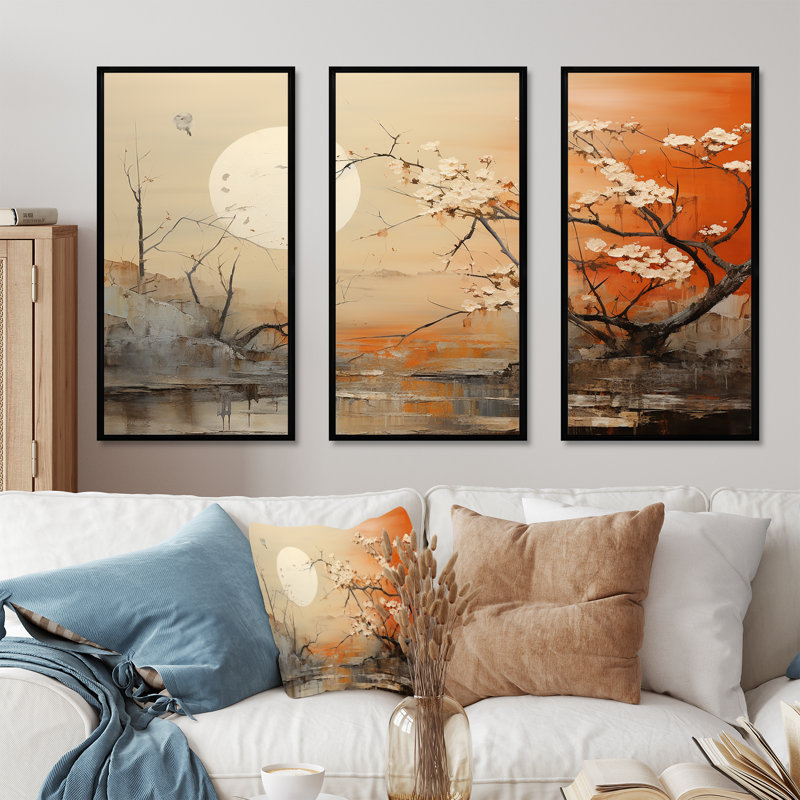 Lune sur tangerine au crépuscule paysage - ensemble de salon d'art mural chinois, Cadre flottant noir