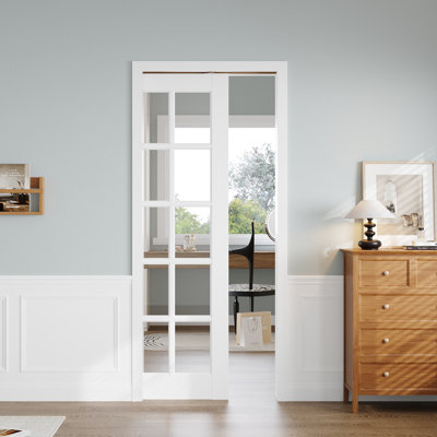 32 in. x 80 in. 10-Lite Clear Glass Manufactured Wood Primed Double Pocket Door with Hardware & Soft Close