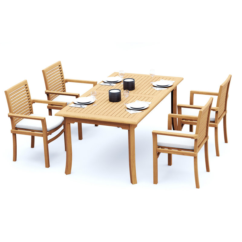 Ensemble de salle à manger 5 pièces en bois de teck de qualité A: table rectangulaire et fauteuils empilables de 71 po # 11MS1604