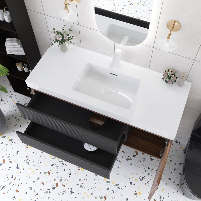 Ensemble de meuble-lavabo mural simple 48 po brun avec plateau intégré blanc
