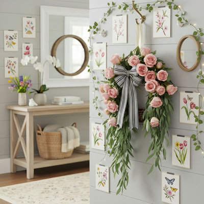 15.7-inch Valentine's Day Artificial Flower Wreath Valentine's Front Door Floral Wreath with Roses and Willow Leaves, Suitable for Walls, Windows, Porches, Home, and Wedding Parties