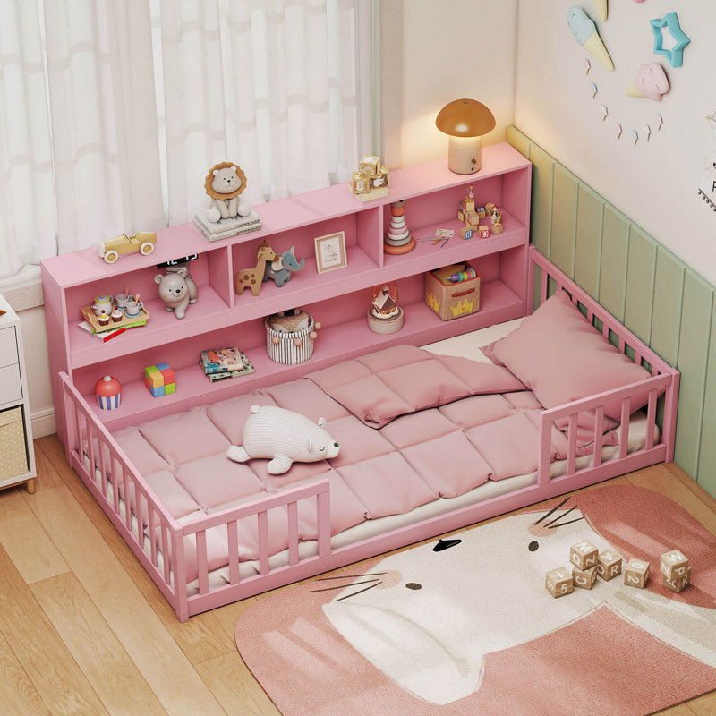 Twin Size Montessori Floor Bed with Bookcase Storage Shelves & Safety Fence Rails Pink, Twin, Pink