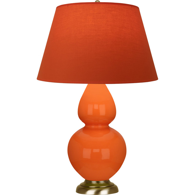 Lampe de table double gourde en céramique, Orange / laiton naturel antique, Tangerine / doublure taupe, Laiton