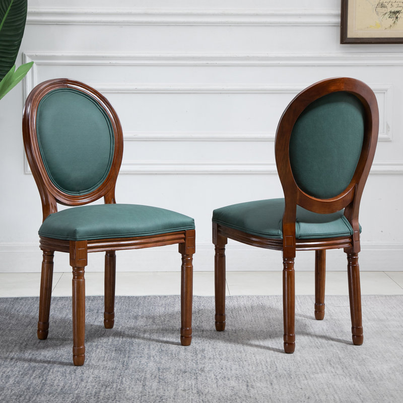 Green Upholstered French Country Dining Chairs with Carved Wood Frame, Set of 2