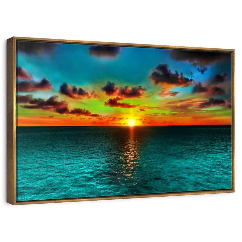 Coucher de soleil et océan, Cadre flottant doré, 40 po x 27 po