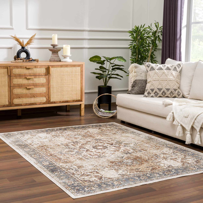 Light Blue and Beige Synthetic Washable Rectangular Area Rug