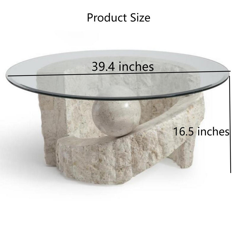 Round Glass Top Coffee Table Abstract Faux Stone Base Centre Table 100x100cm