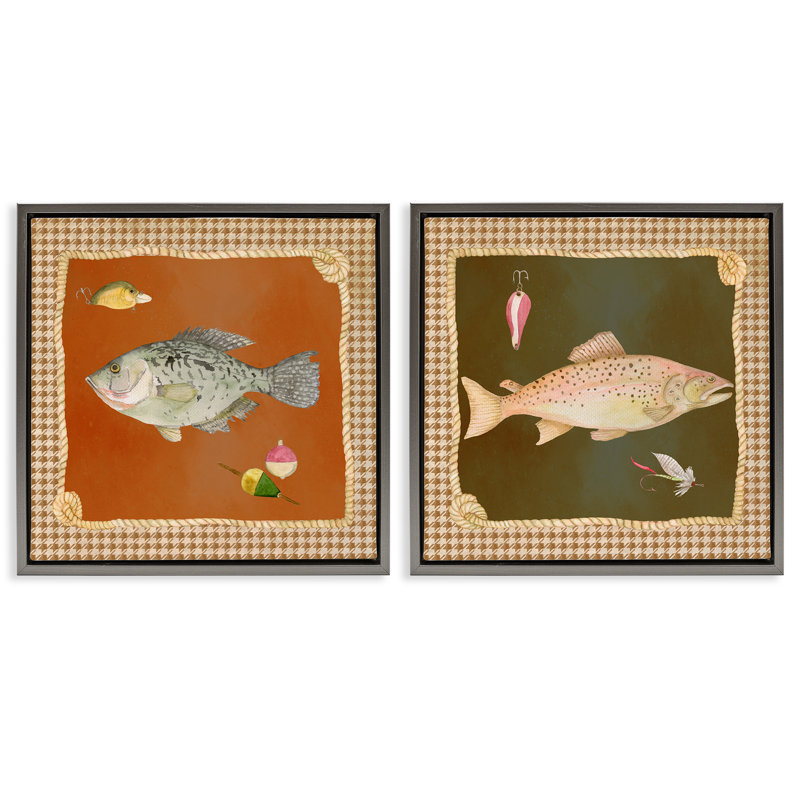 Ensemble de 2 cadres flottants Fish & Lures sur pied-de-poule, par Lee Ann Sanders, H 25 po x l 25 po