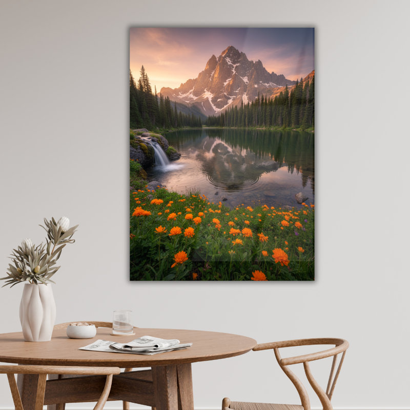 Tableau mural en verre trempé Lever du soleil sur un lac de montagne, H 36 po x l 24 po