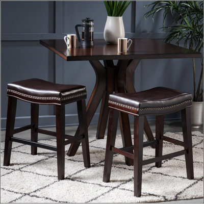 26" Contemporary Upholstered Saddle Counter Stool with Nailhead Trim (Set of 2), Dark by Lark Manor
