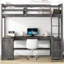 Lit mezzanine simple brun antique avec bureau en forme de U, tablettes de rangement et plateaux à tiroirs