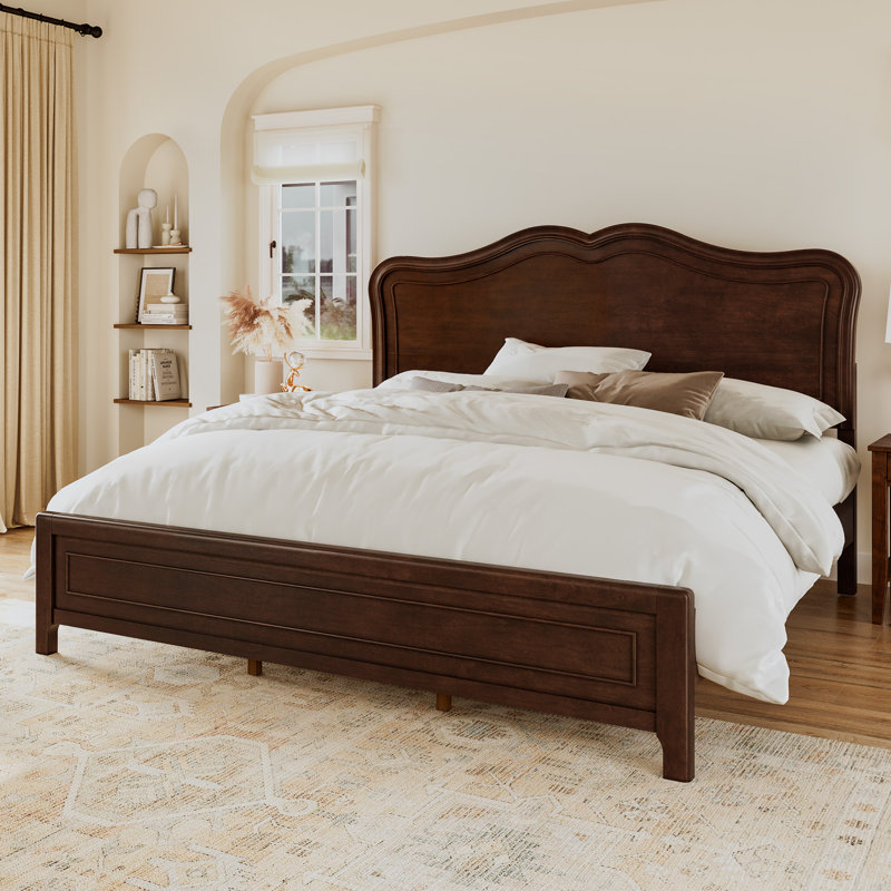 Annalia Mid-Century Modern Solid Wood Bed With Camel Headboard, King, Dark Walnut