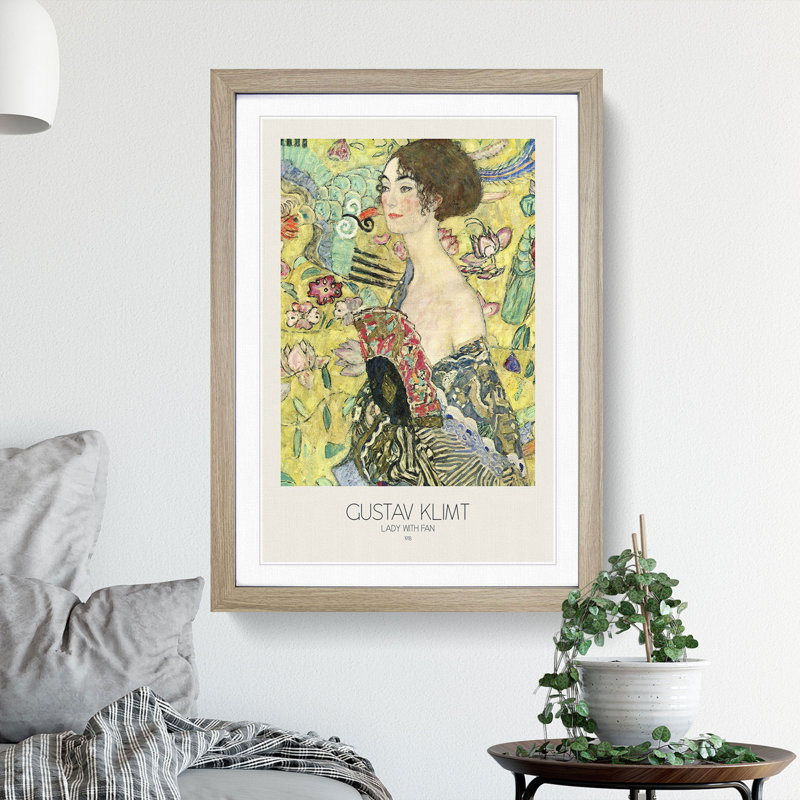 Lady with Fan with Border by Gustav Klimt - Picture Frame Painting, 65cm H x 48cm W x 2cm D, Oak Framed