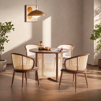 Table ronde durable en bois de frêne tissé en rotin