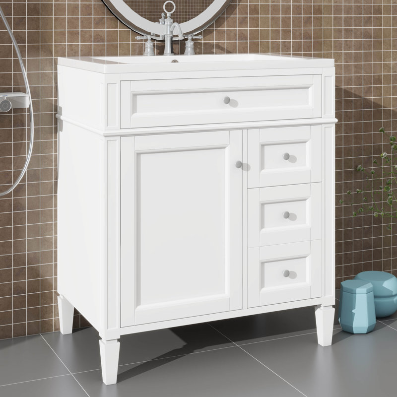 Meuble-lavabo moderne de 30 pouces avec lavabo supérieur, 2 tiroirs et un tiroir à ouverture frontale, Blanc, Argent argent