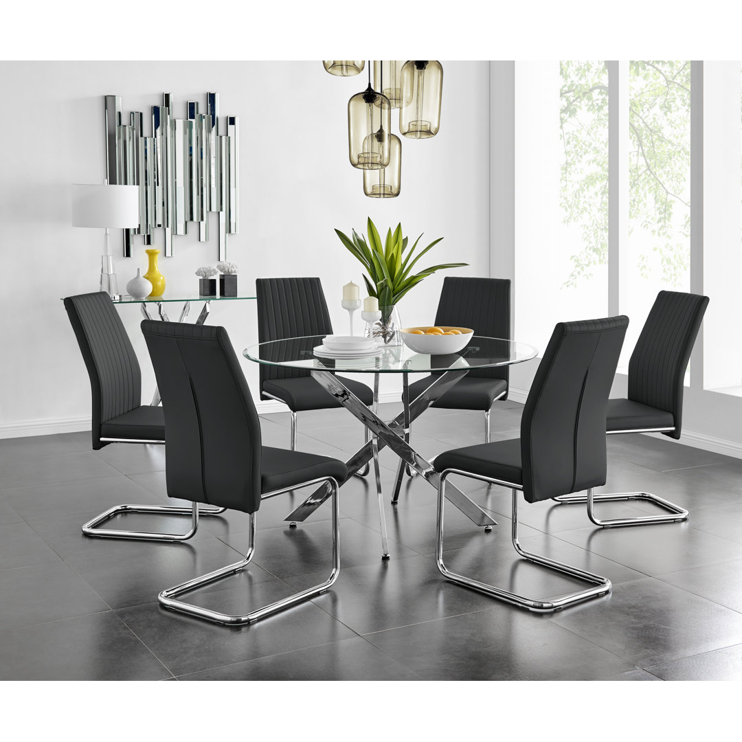 Tierra Sleek Metal and Glass 6 Seat Round Dining Table Set with 6 Luxury Faux Leather Dining Chairs East Urban Home Chair 