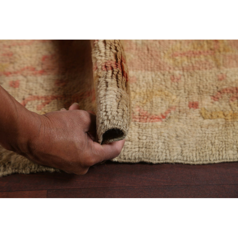 Tapis vert en laine noué à la main de conception unique 13 pi 6 po x 15 pi 5 po