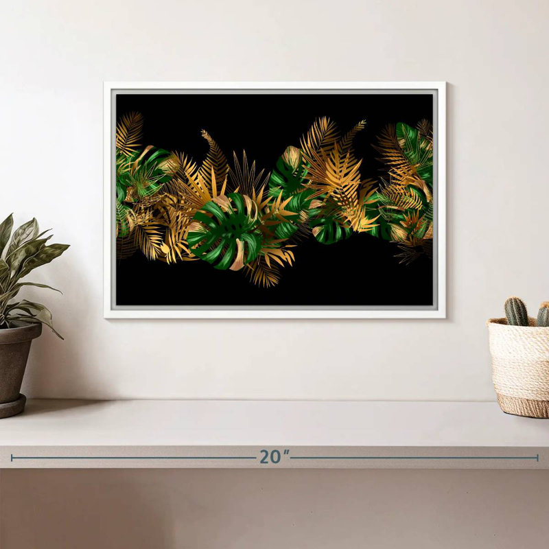 Feuilles dorées et vertes, Cadre flottant blanc, 13 po x 9 po
