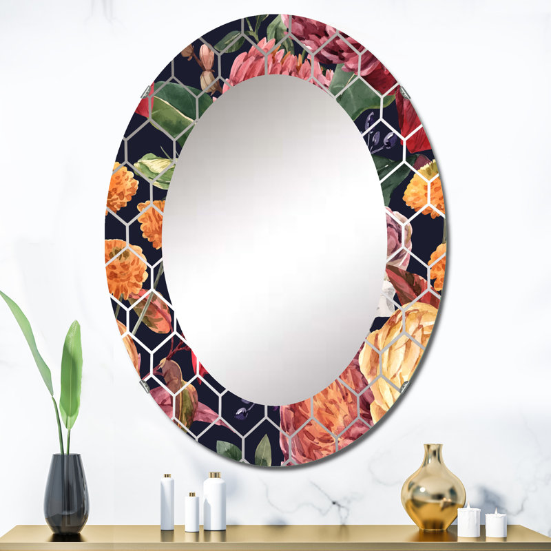 Rétro rouge, orange, jaune, fleurs en fleurs - miroir mural traditionnel, 36 po x 24 po