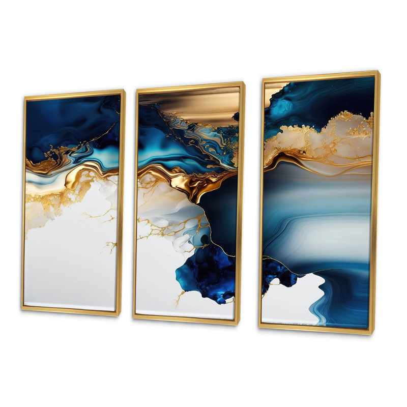 «Abstract Geode Gold and Blue Marble I», reproduction sur toile 3 pièces, H 28 po x l 36 po x P 1 po, Cadre flottant doré