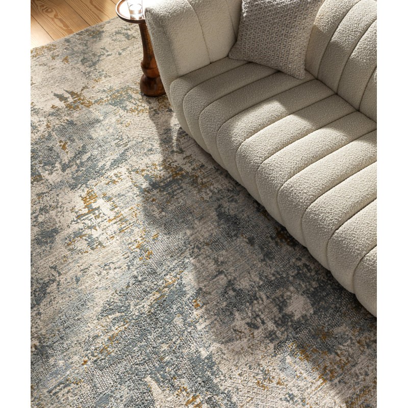Abstract Machine Woven Polyester Area Rug in Beige/Blue/Orange, Rectangle 7'10" x 10'3"