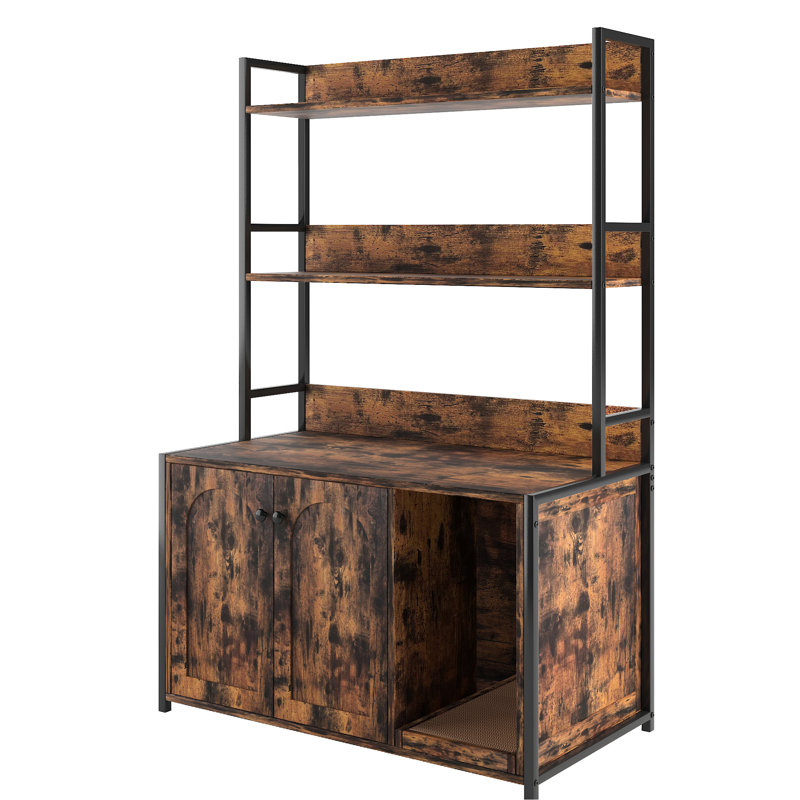 Armoire d'intérieur pour chat avec bac à litière, tablette de rangement et bloc-notes, salle de bain secrète, 2 portes, grande tablette brune, abri, porte cachée,