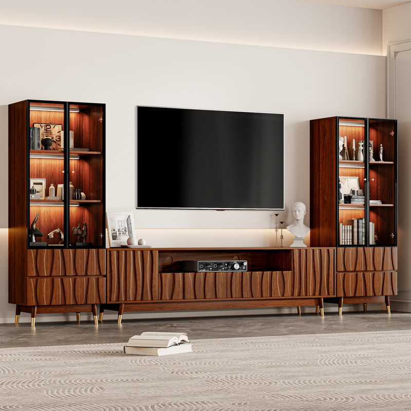 125.9" Brown  Entertainment Center TV Stand With Bookshelves For 55/58/65/70/75 Inch TV, Mid-century Modern Wooden Fluted Walnut Finish Storage Media Console With Wood Tapered Legs And Lighted Glass Display Bookshelf For Living Room