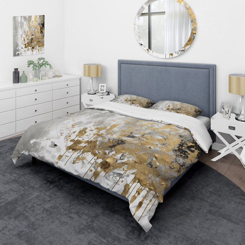 Ensemble de housse de couette en microfibre / polyester blanc et doré, Housse de couette simple + 1 taie décorative stan