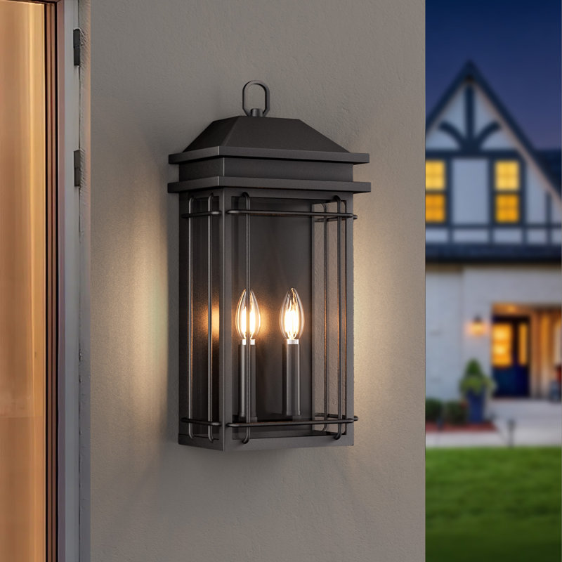 2 - Light 20''H Black Iron Tempered Glass Outdoor Wall Light with Dusk to Dawn, 20" H x 9.06" W x 6.3" D