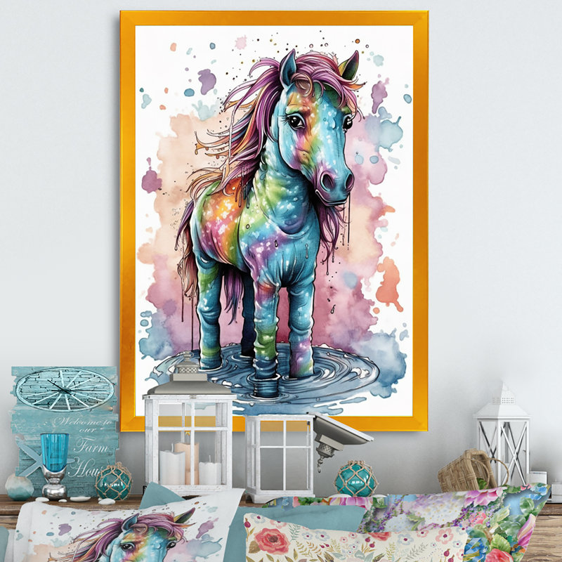 Arc-en-ciel, licorne mystique, Encadrement doré, H 32 po x l 16 po x P 1 po