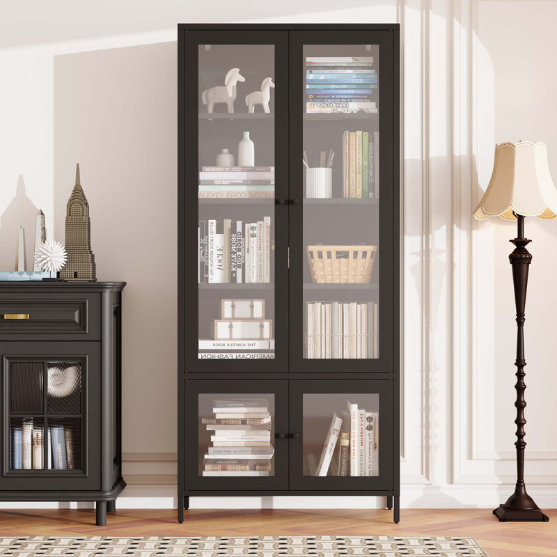 Grande armoire de rangement en métal avec 4 portes vitrées et 5 tablettes latérales
