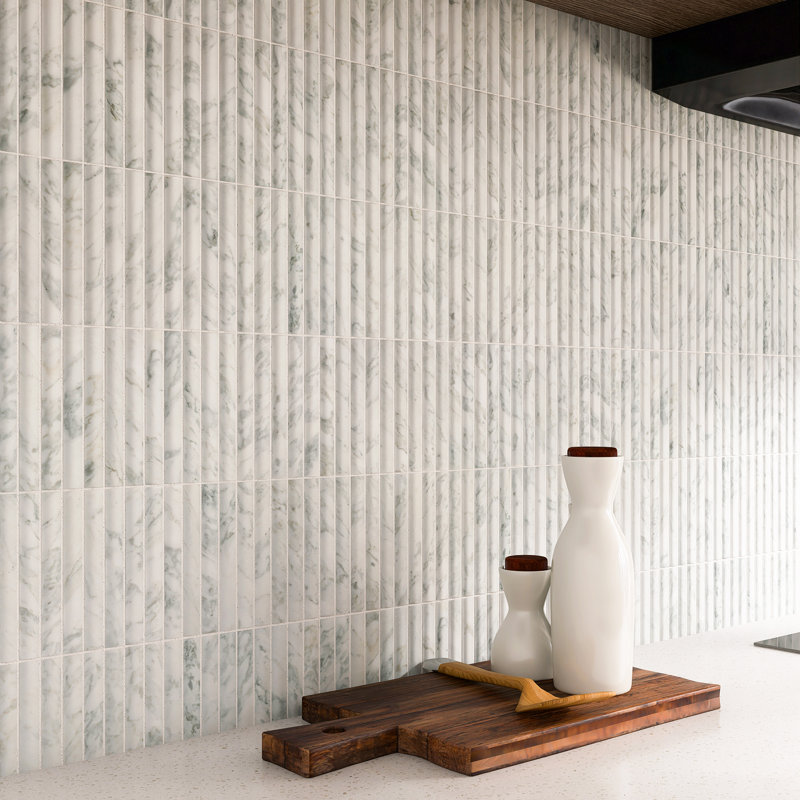 Stacked 3" x 1" Marble Linear Mosaic Wall & Floor Tile, White Convex