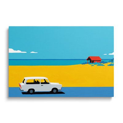 Reproduction sur toile d'une voiture vintage blanche au bord de la mer - 50 x 75 cm