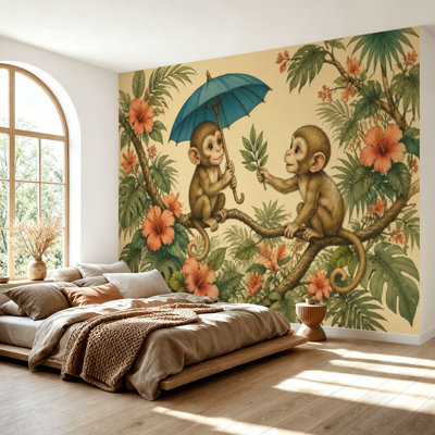 Wall Mural Peel and Stick Wallpaper Chinese monkey umbrella floral Self-Adhesive Removable Contact Paper Wall Decor for Living Room Bedroom 69"H x 96"W