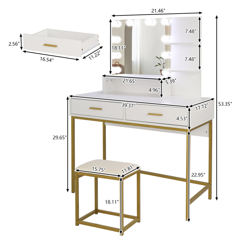 Ensemble de meuble-lavabo large 39,37 po avec tabouret et miroir Ronalie, Blanc