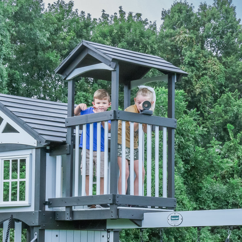 Whispering Point White and Gray Cedar Wooden Swing Set with Wave Slide