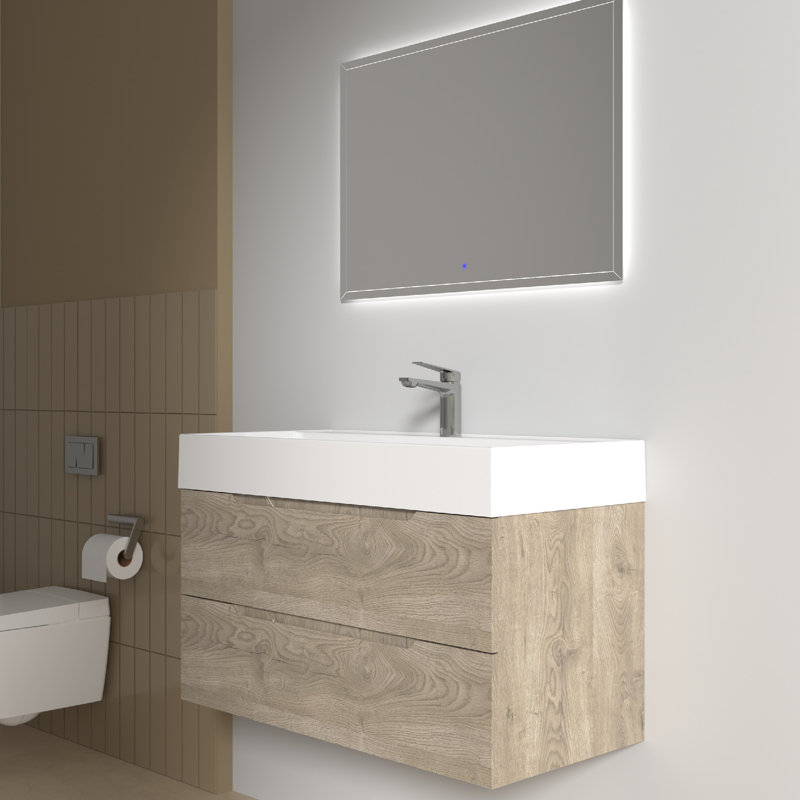 Meuble-lavabo mural simple 40 po avec plateau en pierre blanche et 2 tiroirs pour salle de bain 40 po, Blanc brillant, 40"