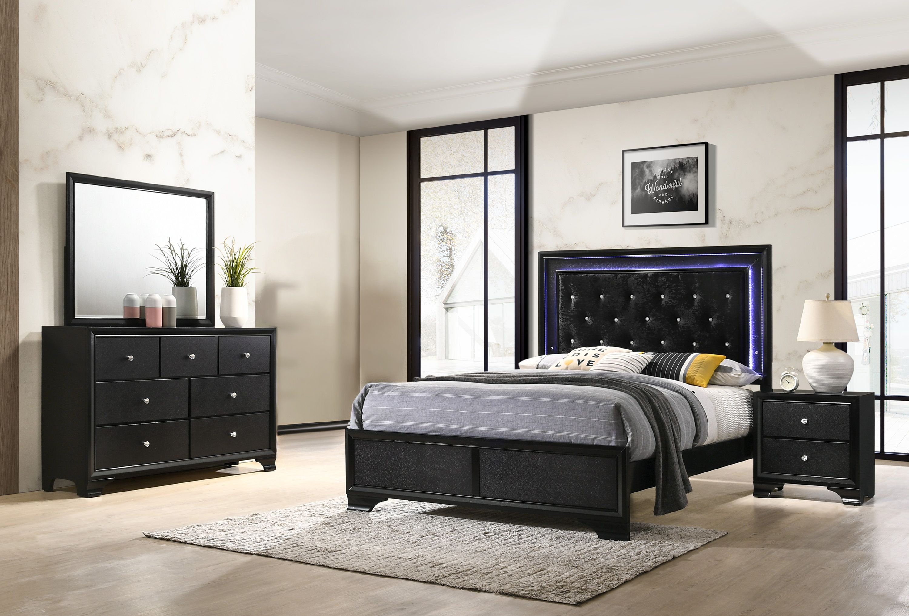 Red Barrel Studio Brucknell 4-1_LED Upholstered Panel Bedroom Set | Wayfair